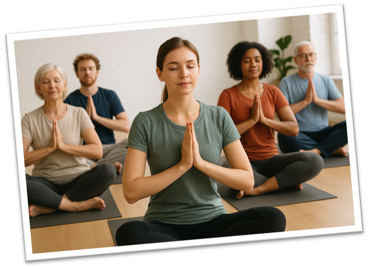 VHS-Kurs Yoga-Teilnehmer/innen in einem lichtdurchfluteten Zimmer
